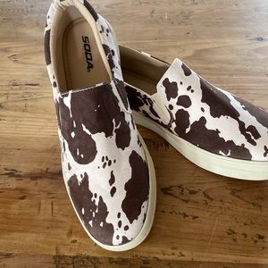 cow print soda slip on